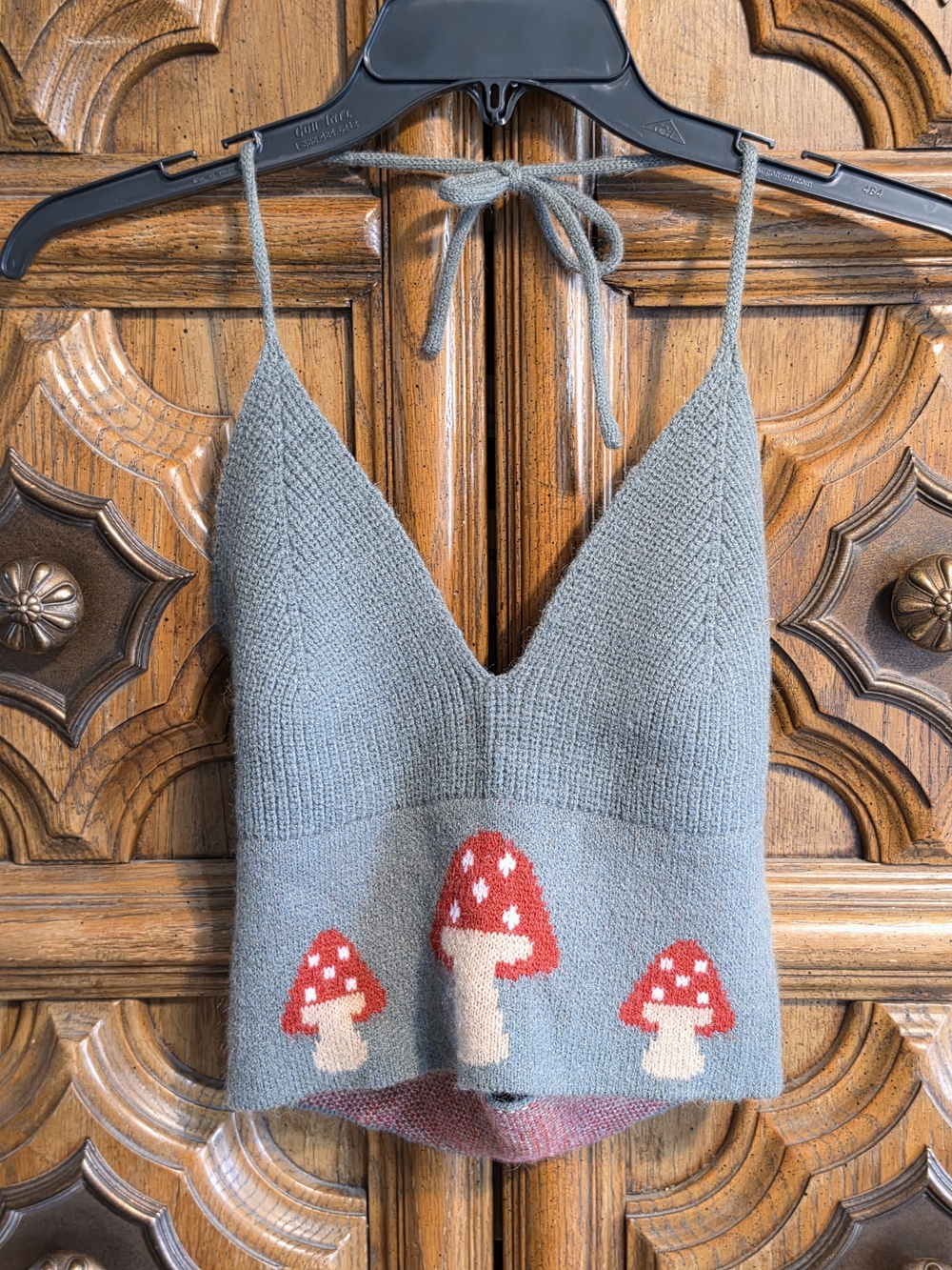 ROMWE Olive Green Knit Mushroom Print Crop Top